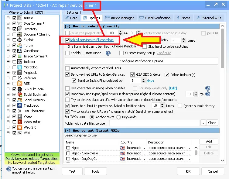 How to Improve CAPTCHA Solve Rates in GSA SER: Use Redundancy, Not Guesswork 11 Screenshot of SEO software settings showing Tier-1 project, with red arrows highlighting the “Ask all services to fill captchas” option in the verification tab.