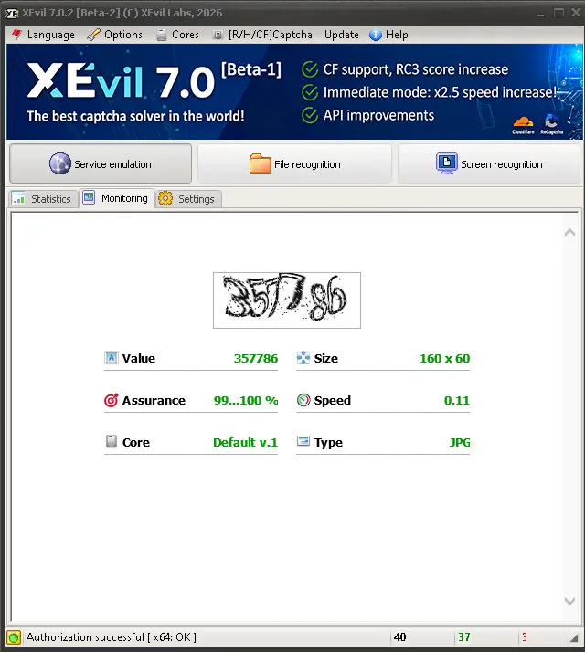 How to Improve CAPTCHA Solve Rates in GSA SER: Use Redundancy, Not Guesswork 3 Screenshot of XEvil 7.0 CAPTCHA solver software showing a solved CAPTCHA image, result information, and performance statistics.