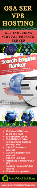 GSA Search Engine Ranker VPS (120X600) - 3 44 Vertical banner promoting GSA SER VPS hosting, ideal for SEO enthusiasts. Features 10 virtual CPU cores, 12 GB ECC RAM, unlimited bandwidth, and essential software tools. Website URL at bottom.