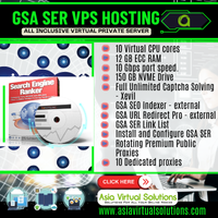 GSA Search Engine Ranker VPS (200 x 200) -5 16 Promotional graphic for GSA SER VPS Hosting by Asia Virtual Solutions, featuring 10 virtual CPU cores, 12 GB ECC RAM, and a 150 GB NVMe drive. Optimize your Search Engine strategies with our powerful VPS solution.
