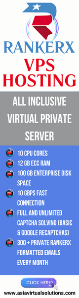 RANKERX VPS HOSTING (160x600) - 4 28 Vertical web banner for "RANKERX VPS Hosting," advertising various server features, including 10 CPU cores, 12 GB ECC RAM, and 100 Gbps network.