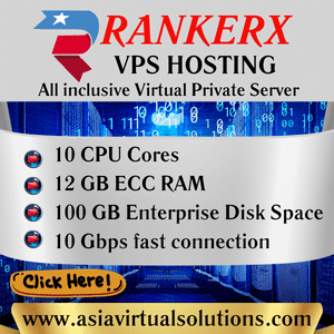 RANKERX VPS HOSTING (300x300) - 4 15 An advertisement for RANKERX VPS Hosting featuring their service offerings including 10 CPU cores, 100 GB of enterprise space, and a 10 Gbps fast connection.