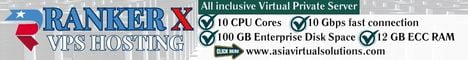RANKERX VPS HOSTING (468x60) - 3 18 A 468x60 web hosting advertisement banner featuring RankerX VPS hosting services with specifications such as 10 CPU cores, 1 Gbps connection, and 10 GB ECC RAM.