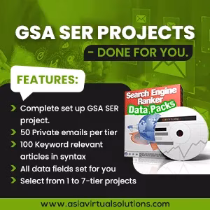 Asia Virtual Solutions – SEO Tools & GSA SER Services 23 Digital marketing service advertisement showcasing seo tools and features such as gsa ser projects, private emails, and keyword-relevant articles.
