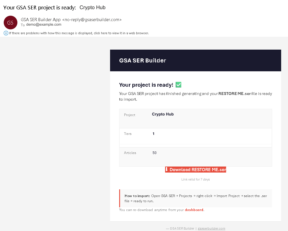 GSA SER Projects in About an Hour — Meet GSA SER Builder 8 Downloading the ready-to-restore .ser file from a completed GSA SER Builder project