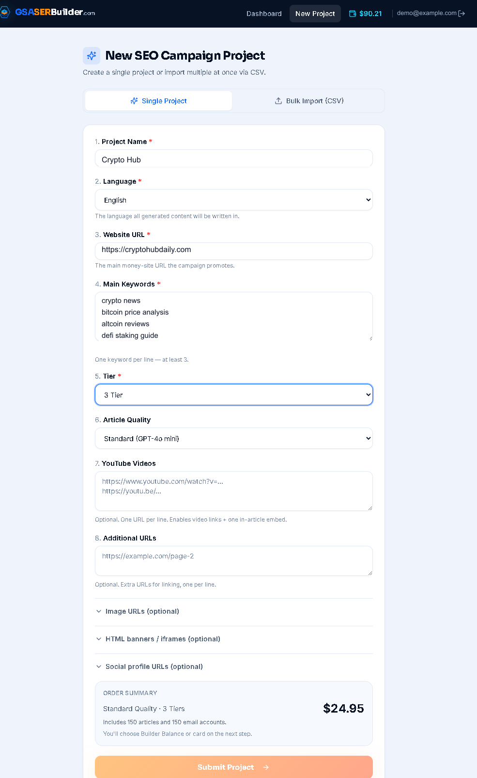 GSA SER Projects in About an Hour — Meet GSA SER Builder 9 GSA SER Builder new project order form with keywords, language, tier and live order summary
