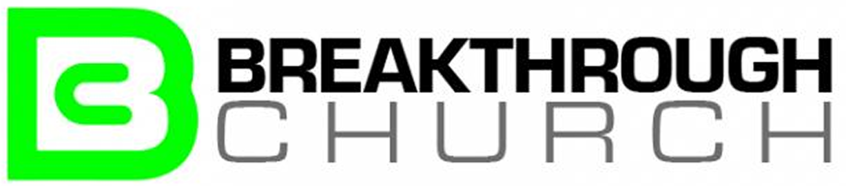 Breakthrough Church Logo with a green and white "B" icon on the left, and the words "BREAKTHROUGH CHURCH" in bold black and gray uppercase letters on the right.