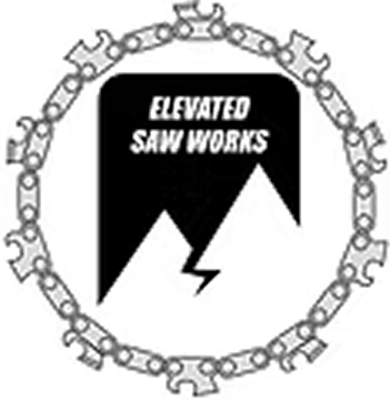 Elevated Saw Works A logo featuring a mountain with a lightning bolt and "Elevated Saw Works" text, surrounded by a circular chainsaw chain border.