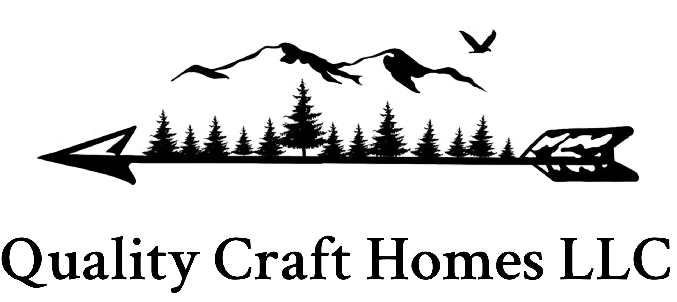 Quality Craft Homes LLC Black and white drawing of mountains, pine trees, and a bird, with an arrow running horizontally beneath the landscape.