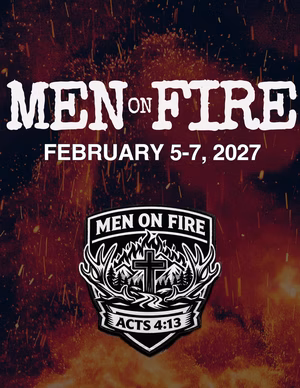 2 Two men, guest minister Matt Cruz and host minister Chris Thunder, speak on stage at a church event called "Catch The Fire: Young Adults United Camp" at Bear Paw Camp. Event details are provided below.