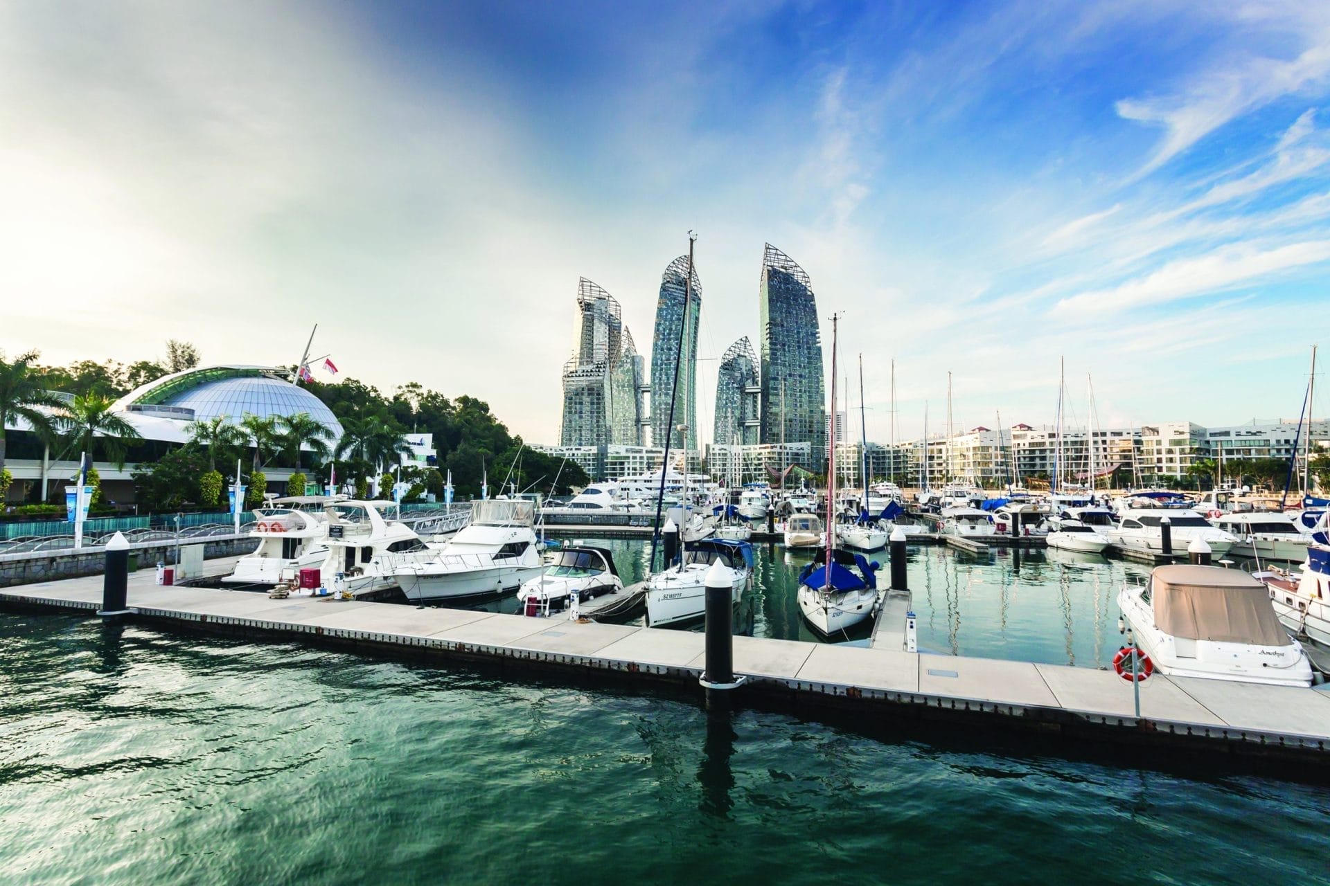 Aerial view of Marina at Keppel Bay showcasing modern docks and yachts, highlighting Bellingham Marine construction history.