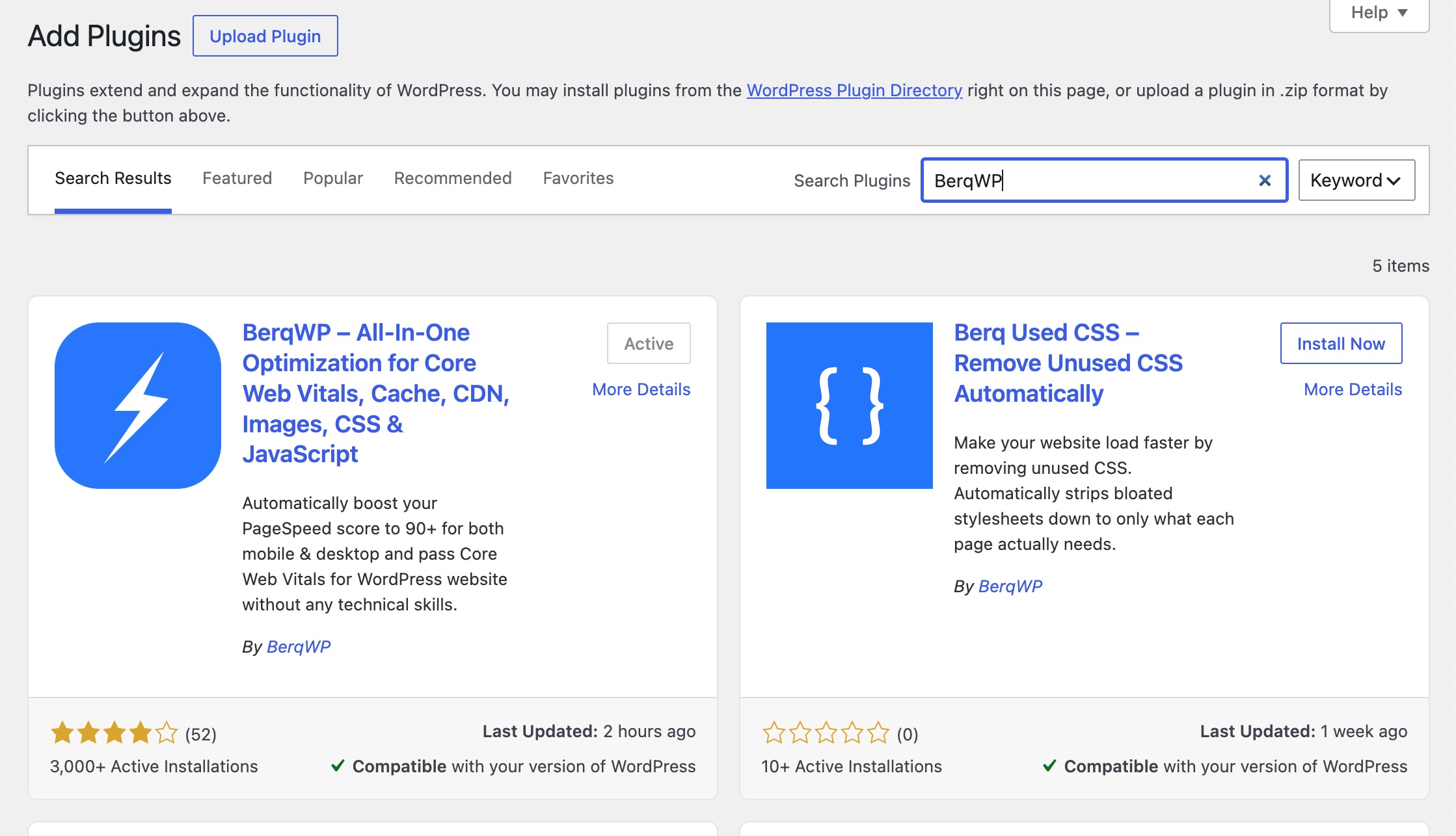 WordPress plugin search BerqWP