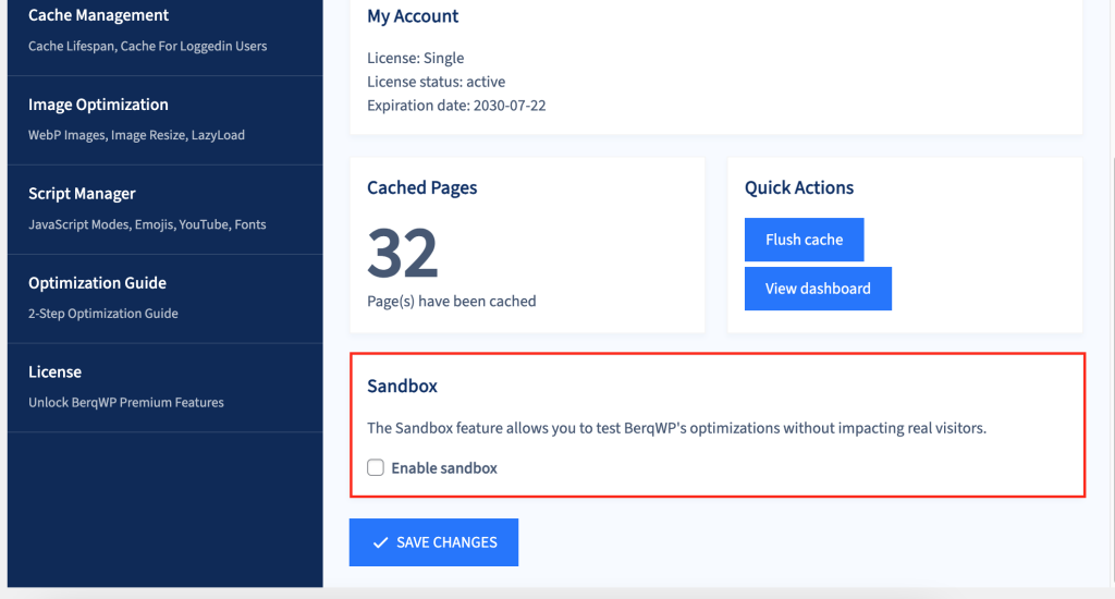 Sandbox mode feature in BerqWP plugin dashboard