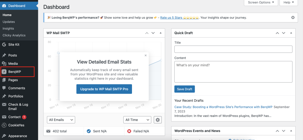 WordPress dashboard with BerqWP plugin installed.