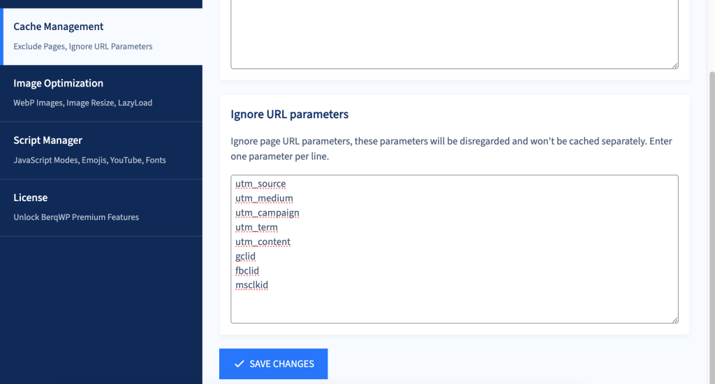 Ignore URL parameters section inside BerqWP cache management tab