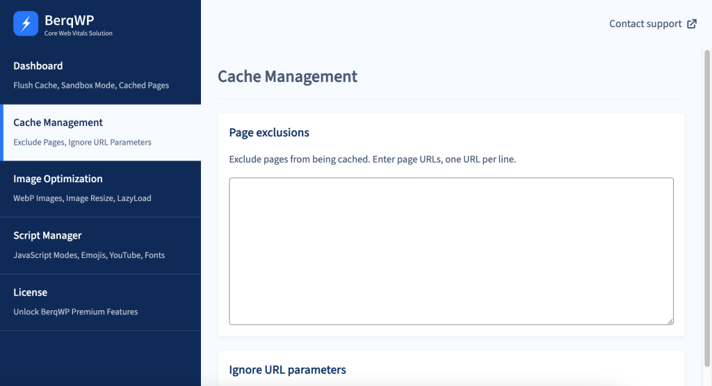 BerqWP cache management screen with page exclusions feature