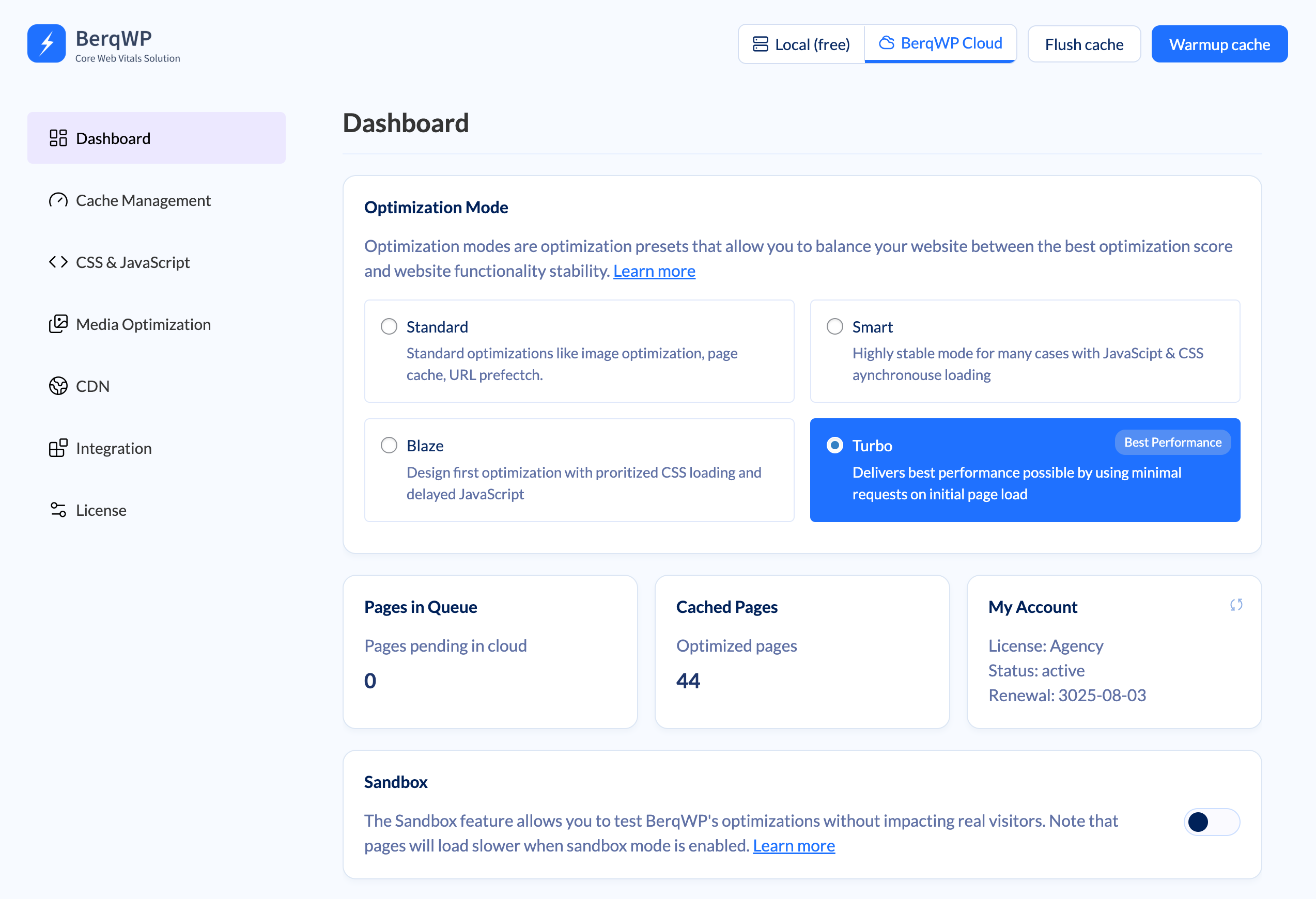 BerqWP settings page dashboard screenshot