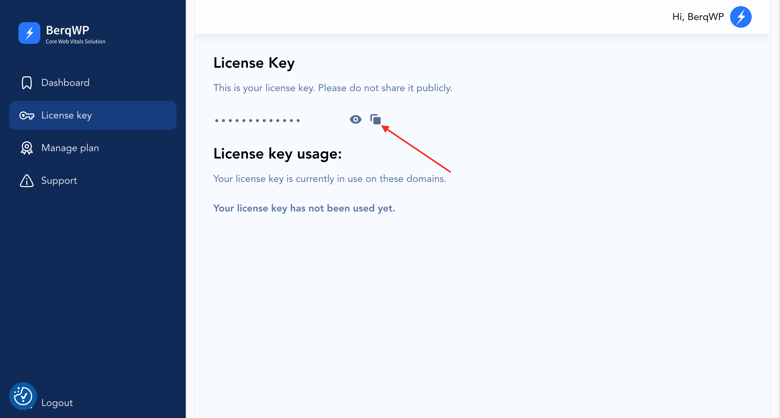 BerqWP user portal license key page