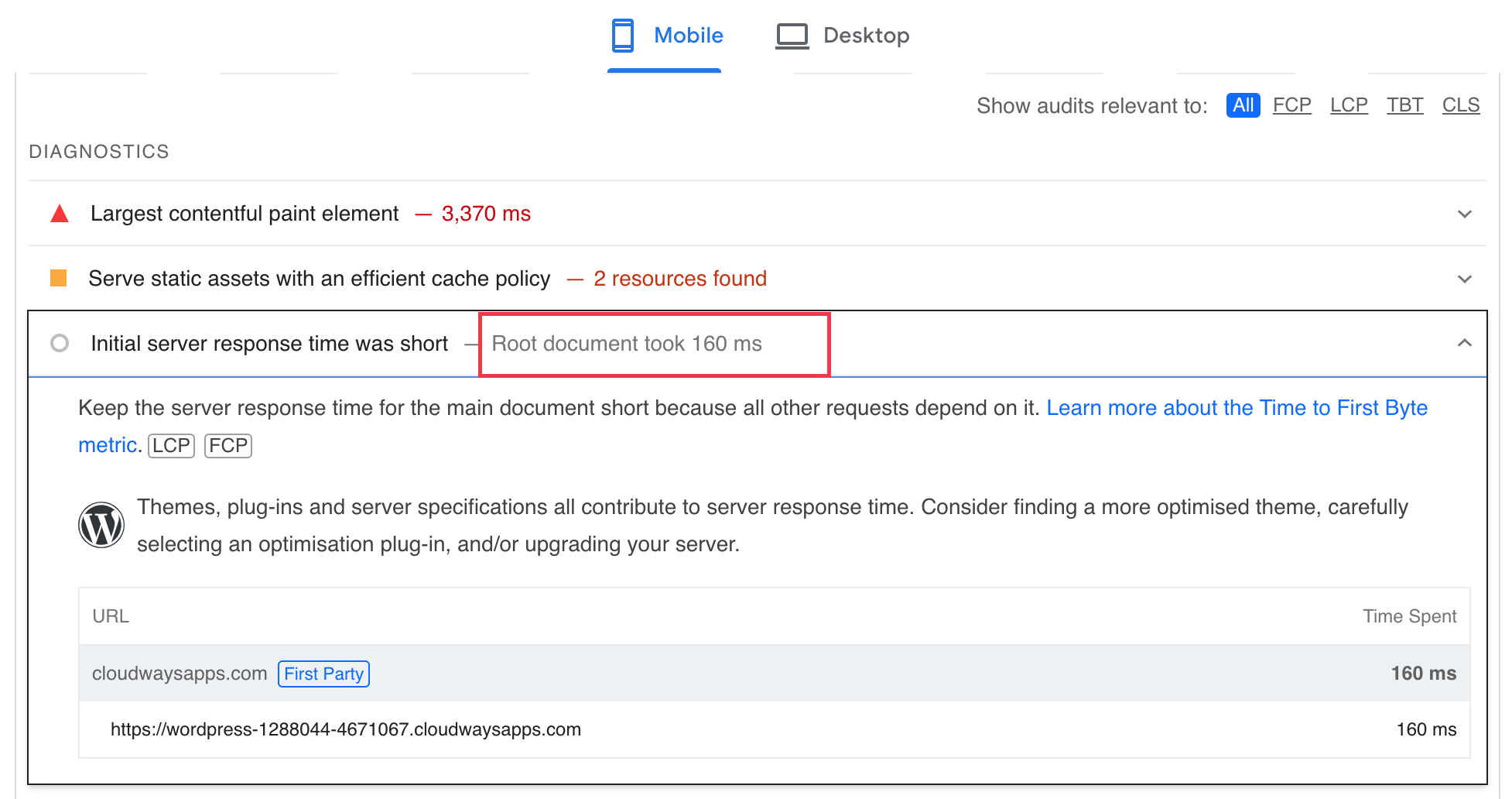 Google PageSpeed report showing server response time