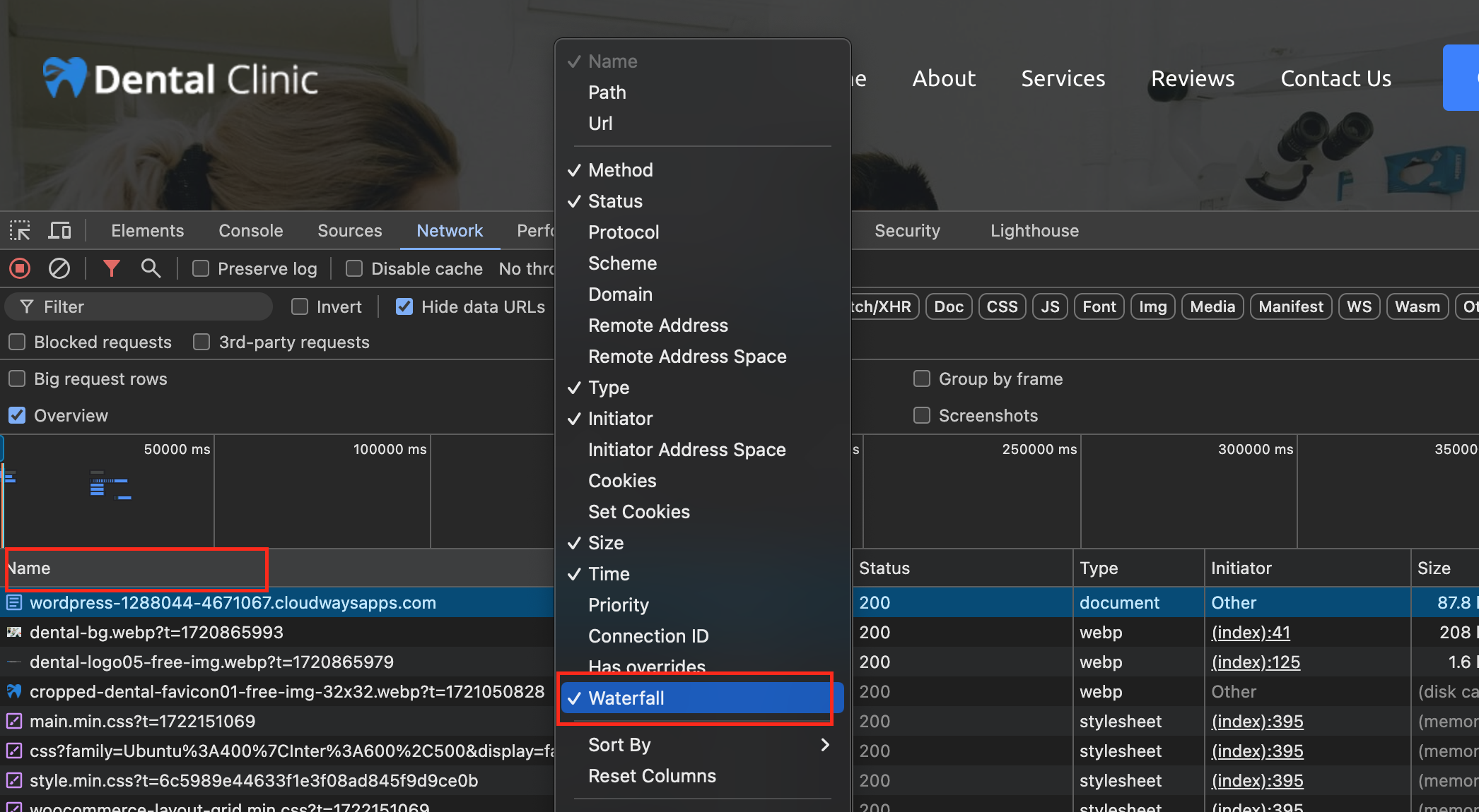 Chrome developer tools network tab