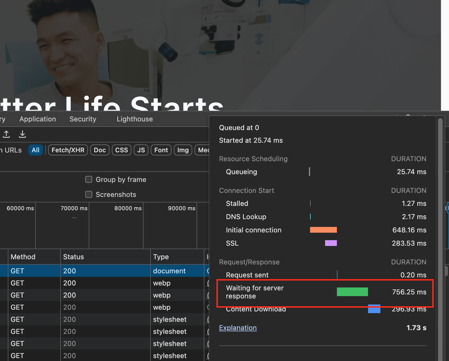 Chrome developer tools network tab showing server response time