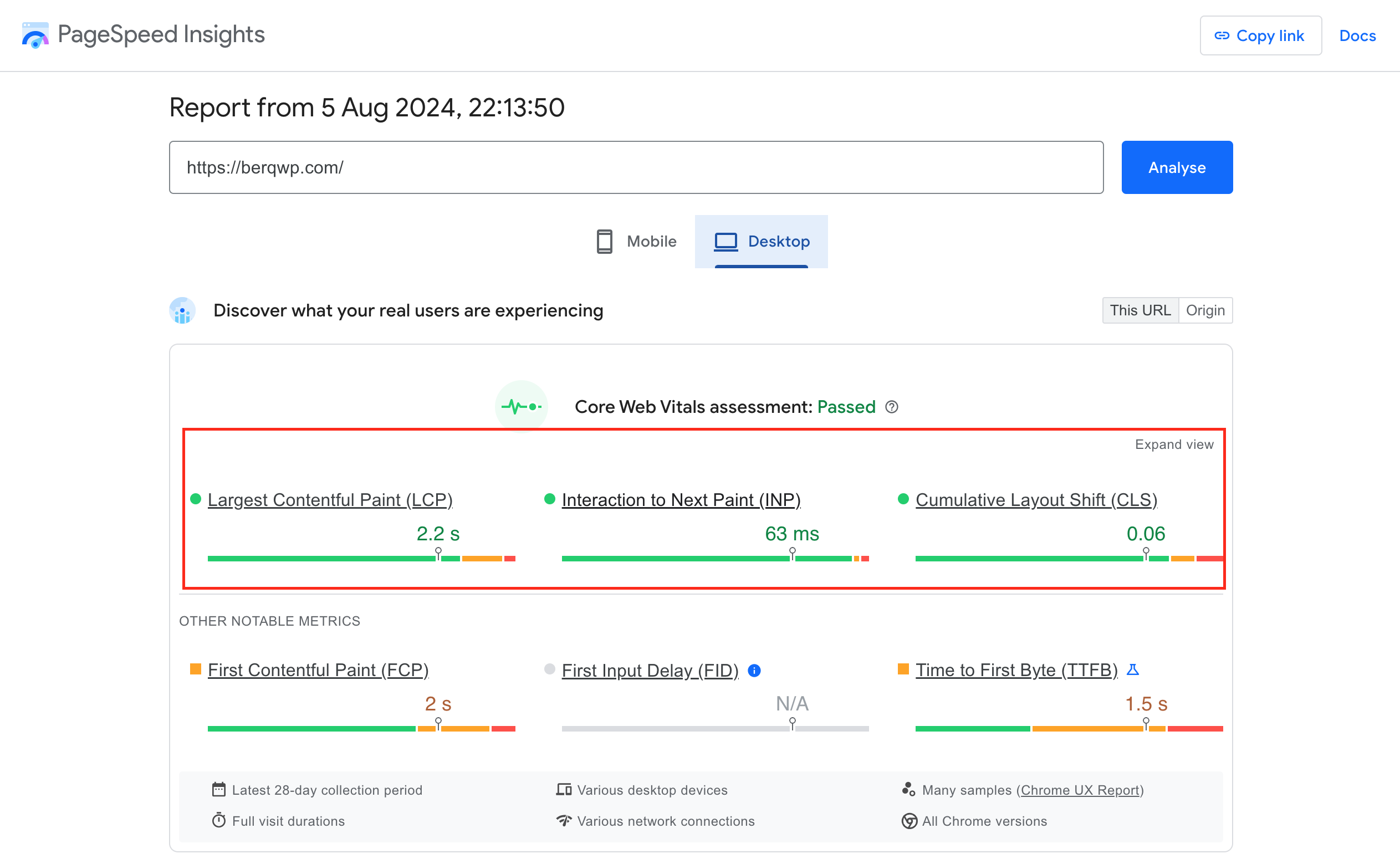 Core web vitals marked in pagespeed report
