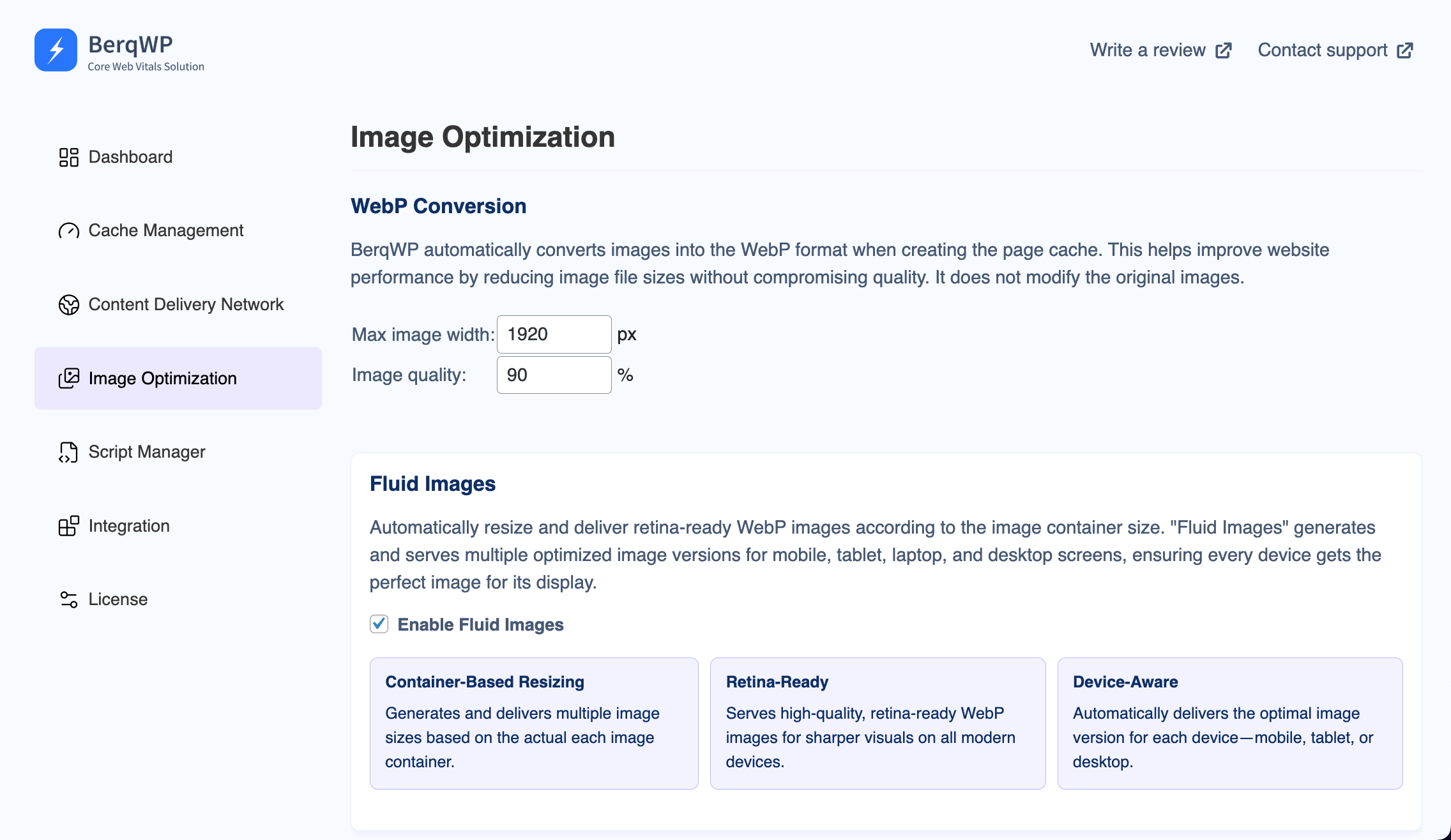 Fluid Images feature in BerqWP plugin settings
