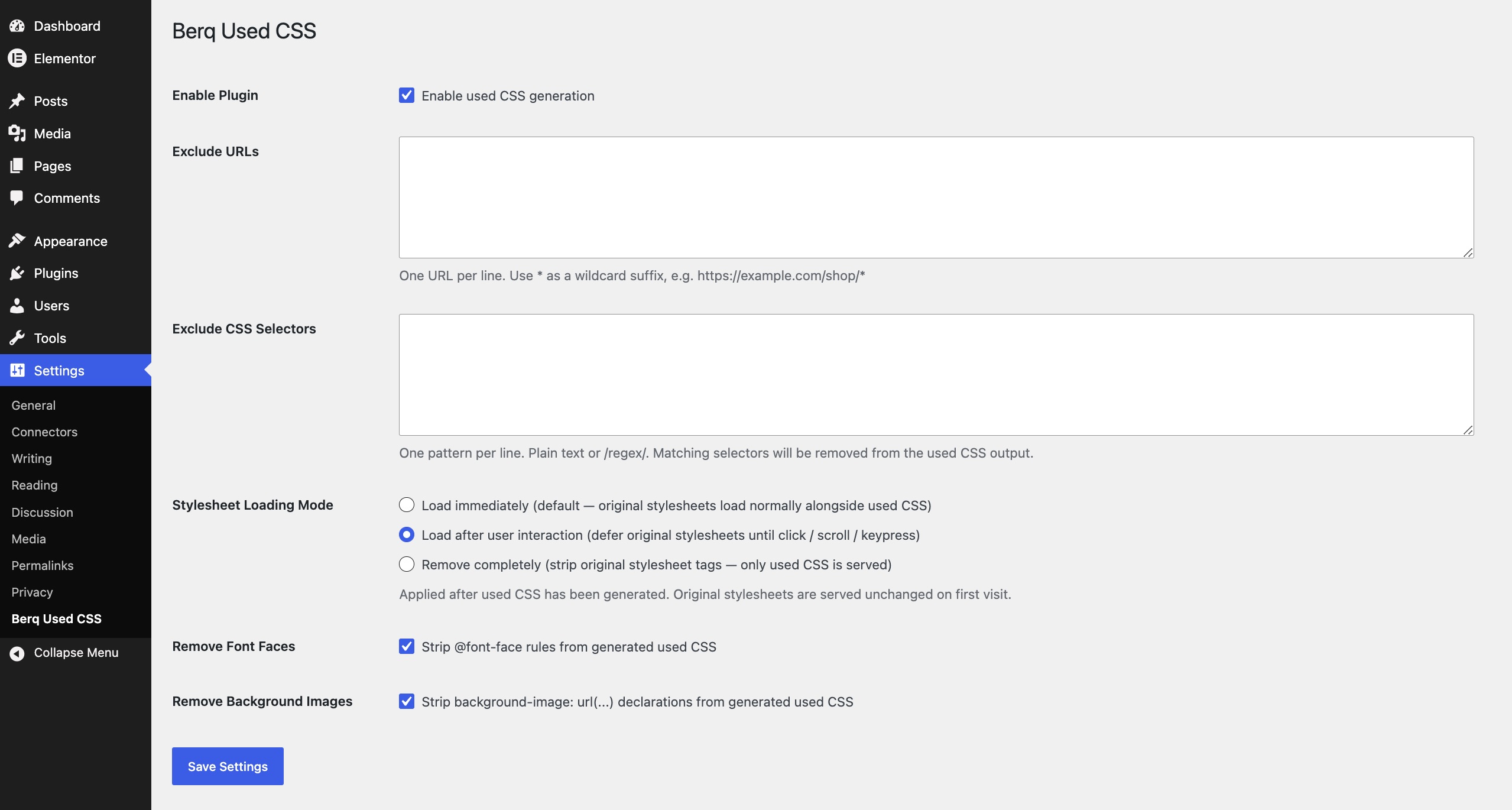 Berq Used CSS plugin settings page