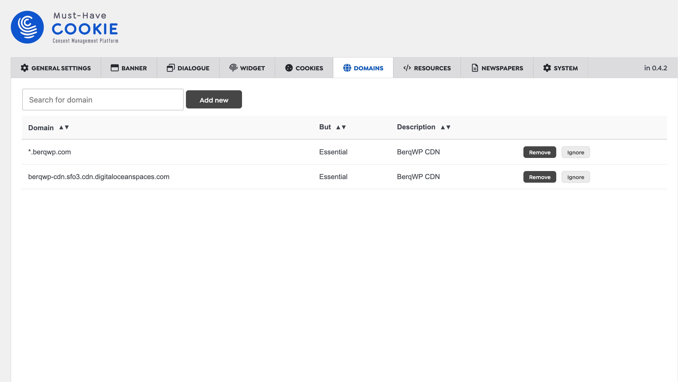 Must Have Cookie plugin "Domains" page