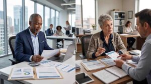 Turning 65 and Still Working? Here Is What Happens to Your Health Insurance 4 corporate professionals analyzing financial charts
