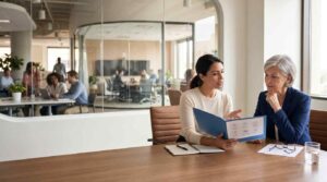 Turning 65 and Still Working? Here Is What Happens to Your Health Insurance 1 female executives discussing document office