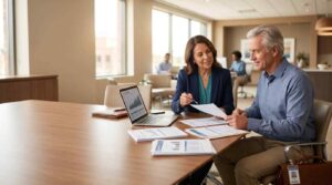 Turning 65 and Still Working? Here Is What Happens to Your Health Insurance 3 financial advisor consulting client office
