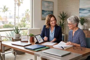 How to Use the California Birthday Rule to Swap Medigap Plans Without Underwriting 1 insurance agent reviewing documents senior woman