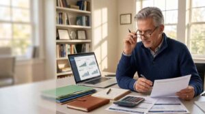 Turning 65 and Still Working? Here Is What Happens to Your Health Insurance 2 senior man reviewing financial planning documents