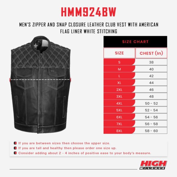 high mileage mens leather club vest | american flag | zipper