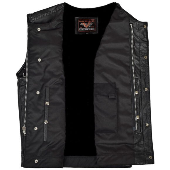 vance mens black leather biker vest | conceal carry pockets | gray stitching