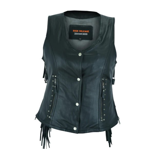 high mileage roxy ladies black vest | fringes | rivets