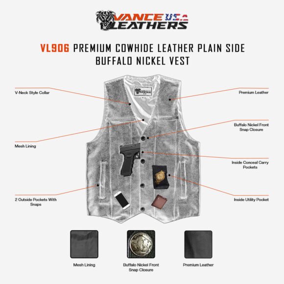 vance mens black cowhide buffalo nickel motorcycle vest