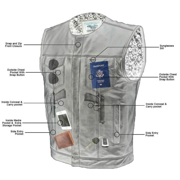 vance mens black leather biker vest | conceal carry pockets | gray stitching