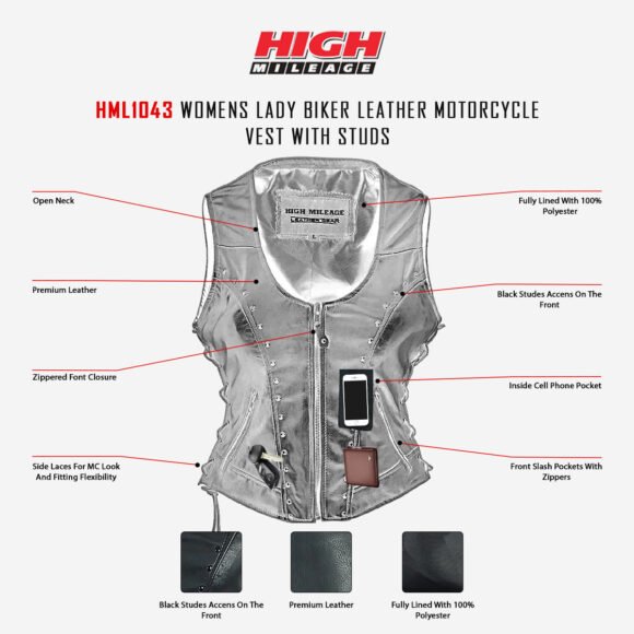 high mileage womens lady biker leather vest | studs