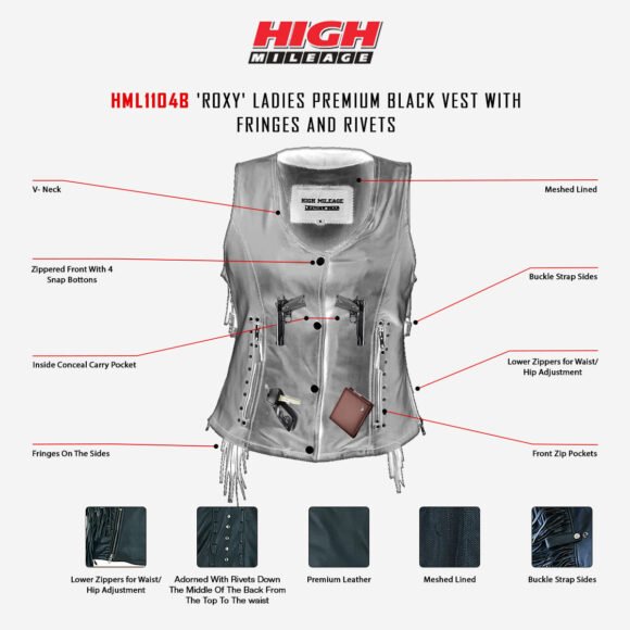 high mileage roxy ladies black vest | fringes | rivets