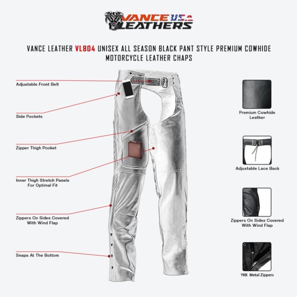 vance leather unisex all season black pant style premium cowhide motorcycle leather chaps