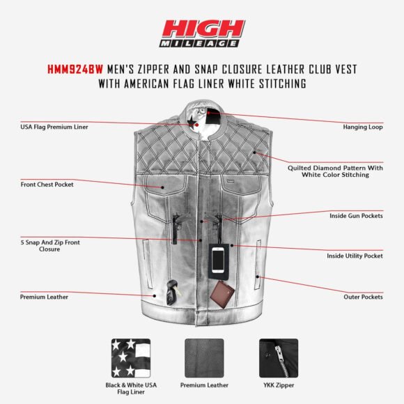 high mileage mens leather club vest | american flag | zipper
