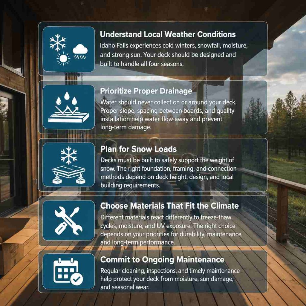 Deck Building in Idaho Falls: Materials, Costs & What to Expect 4 How Does Idaho Falls Weather Affect Deck Materials and Design
