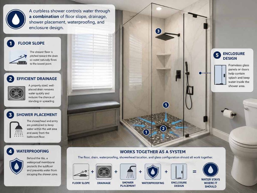 Curbless Walk-In Showers: The Feature Every Luxury Bathroom Remodel Needs 2 How Does a Curbless Shower Keep Water From Spilling Into the Bathroom