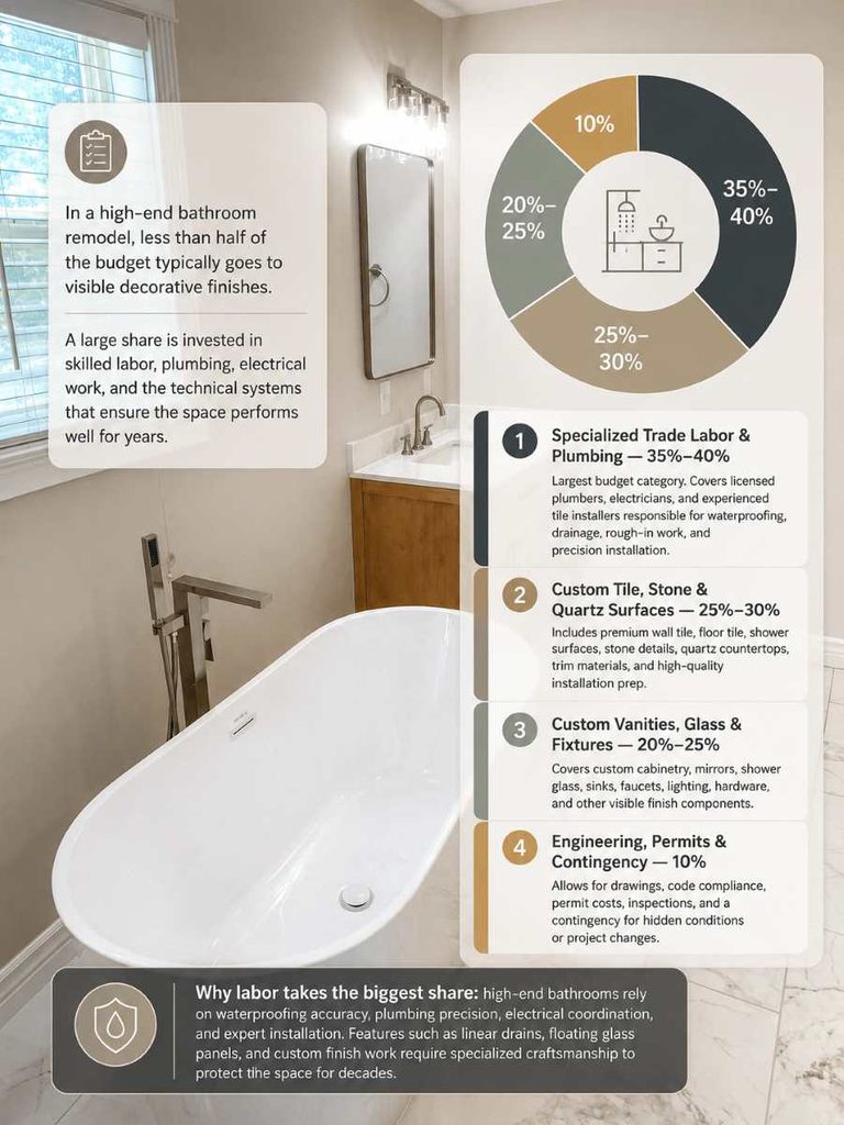 Luxury Bathroom Remodel Cost in Idaho Falls: What Upscale Really Costs 1 Where does the money actually go in a high end bathroom budget