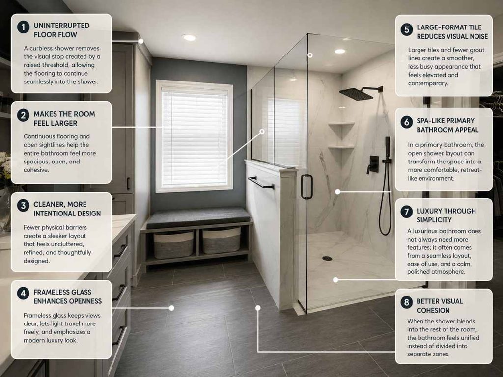 Curbless Walk-In Showers: The Feature Every Luxury Bathroom Remodel Needs 1 Why Does a Curbless Shower Make a Bathroom Look More Luxurious