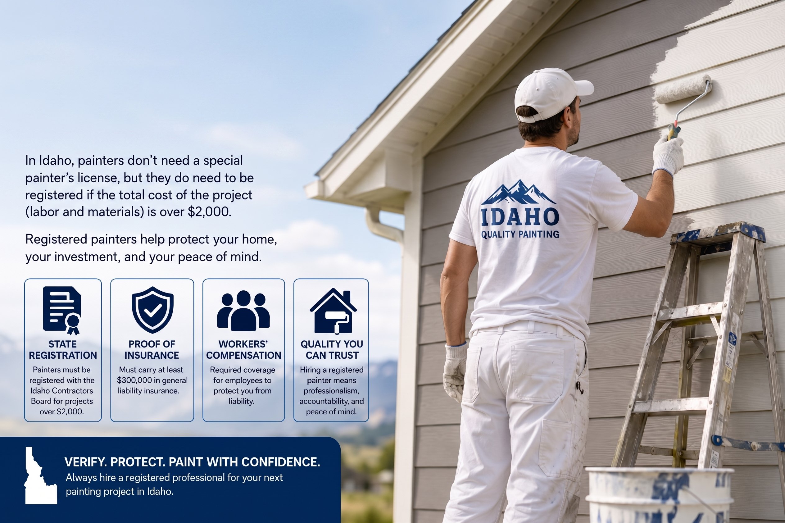 idaho-painter-license-vs-registration-requirements-projects-over-2000-idaho-builders-guide Comprehensive infographic from Builders Idaho (BuildersIdaho.com) providing an essential guide to Idaho painter license vs. registration requirements. It poses and answers the critical question, 'Do You Need a License to Be a Painter in Idaho?', clarifying that while a special license isn't required, registration with the Idaho Contractors Board is mandatory for any painting project (labor and materials) exceeding $2,000. The image features a detailed visual of a professional painter on a ladder with 'IDAHO QUALITY PAINTING' branding, along with informational panels on State Registration, $300,000 General Liability Insurance, Workers' Compensation coverage, and Quality You Can Trust standards. A final call-to-action urges homeowners to 'VERIFY. PROTECT. PAINT WITH CONFIDENCE.' and 'Always hire a registered professional' in Idaho.
