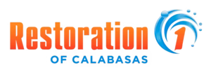 Restoration 1 of Calabasas logo with orange text and blue water waves icon.