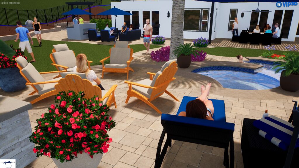 3D Design 3D rendering of a backyard including lounge chairs, swimming pool, pavers